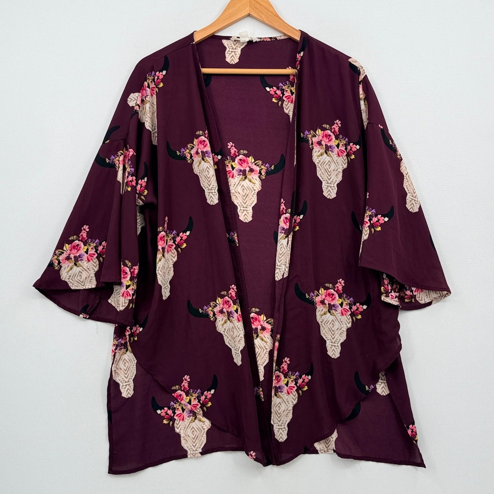 Peach Love Kimono Women Medium Burgundy Steer Skull Floral Boho Western Festival
